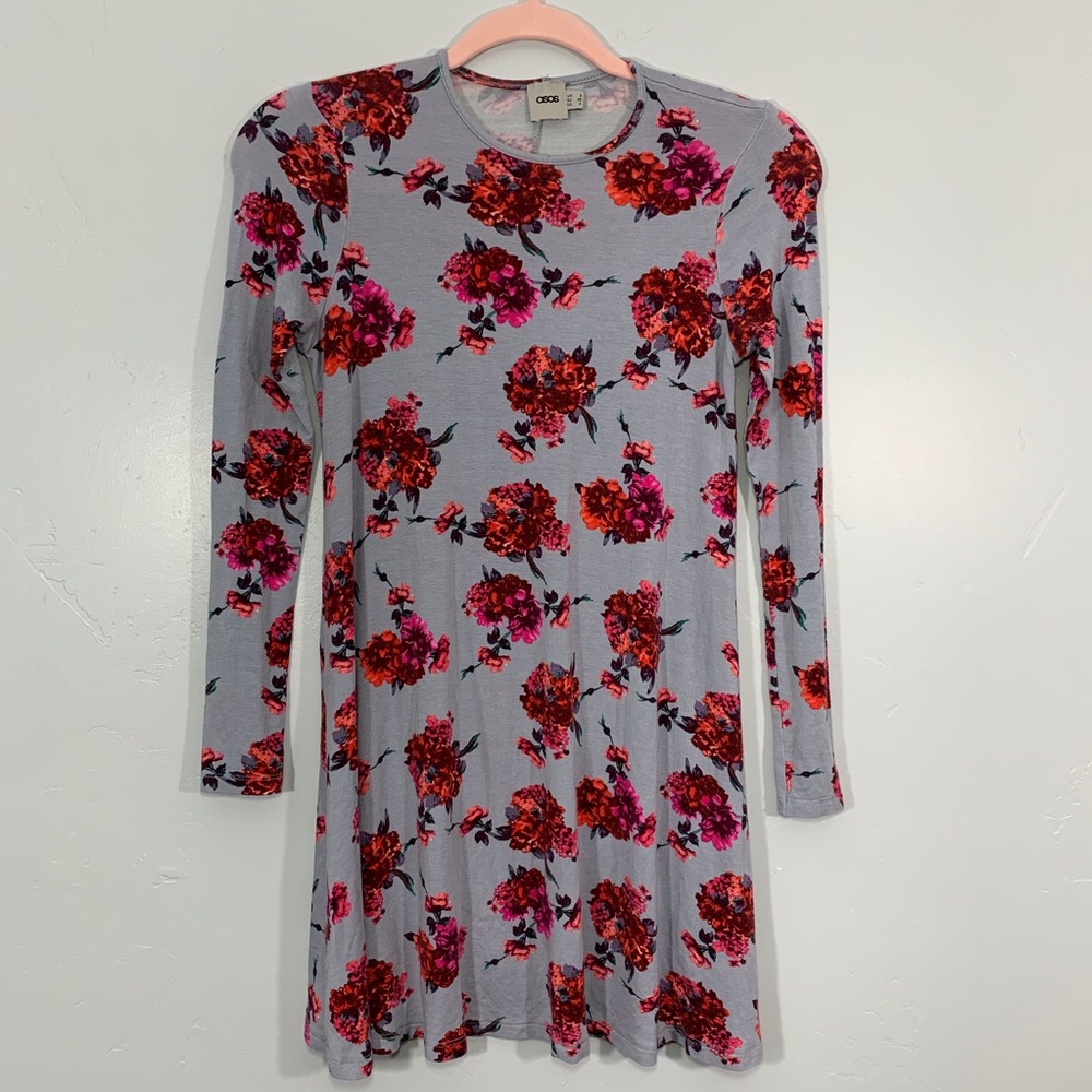 🌷ASOS | Gray Red Floral Long Sleeve Tunic Top